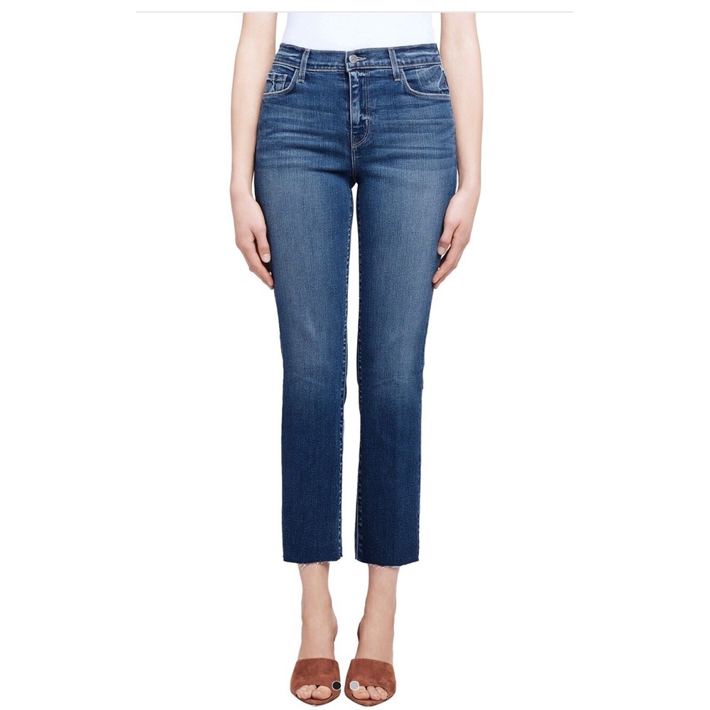 $285 L'AGENCE Sada High Rise Slim Cropped Jeans SIZE 27x26 Laredo Blue Raw Hem